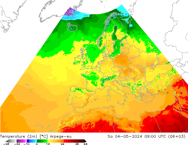 Temperaturkarte (2m) Arpege-eu Sa 04.05.2024 09 UTC