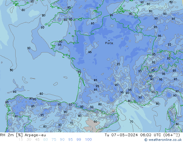 RH 2m Arpege-eu вт 07.05.2024 06 UTC