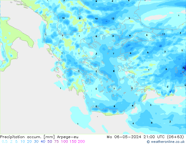 Precipitation accum. Arpege-eu Mo 06.05.2024 21 UTC