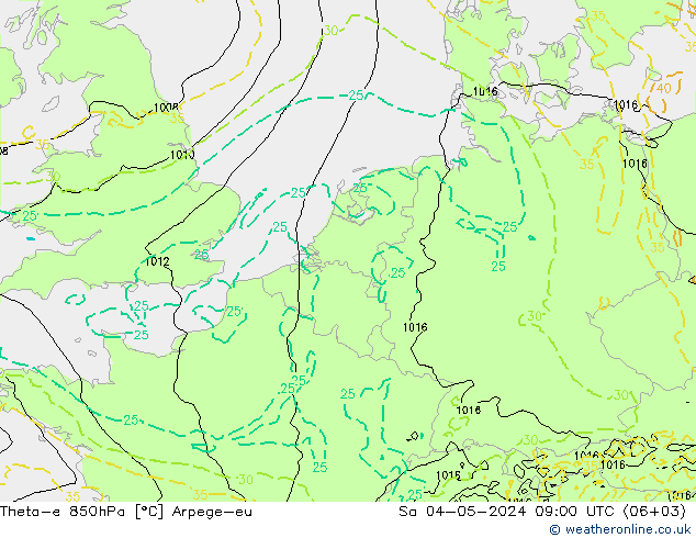 Theta-e 850hPa Arpege-eu Sa 04.05.2024 09 UTC