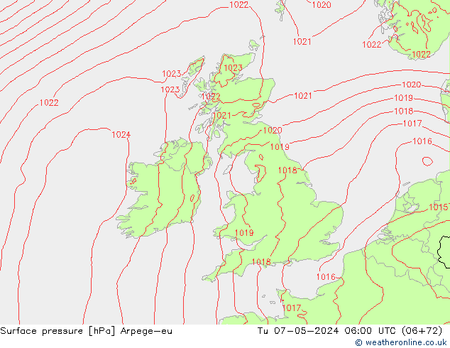 Surface pressure Arpege-eu Tu 07.05.2024 06 UTC