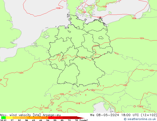 Max. wind snelheid Arpege-eu wo 08.05.2024 18 UTC