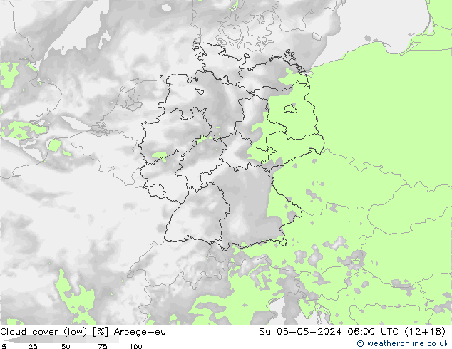 Cloud cover (low) Arpege-eu Su 05.05.2024 06 UTC