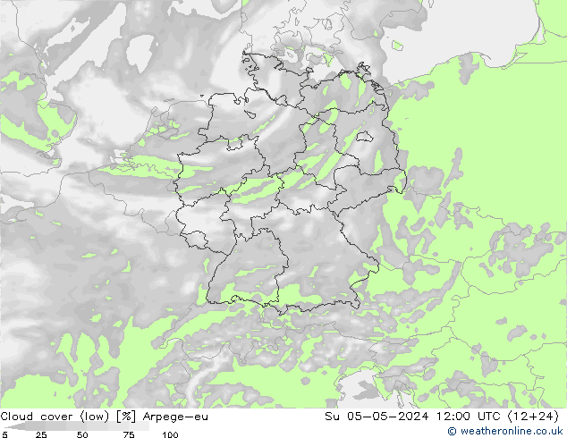 Cloud cover (low) Arpege-eu Su 05.05.2024 12 UTC