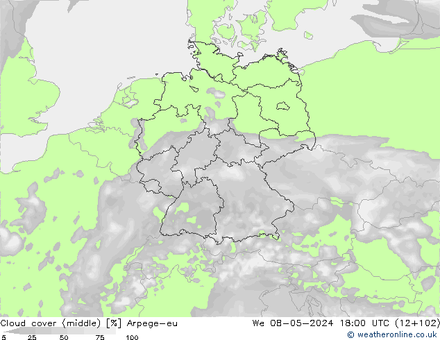 Cloud cover (middle) Arpege-eu We 08.05.2024 18 UTC