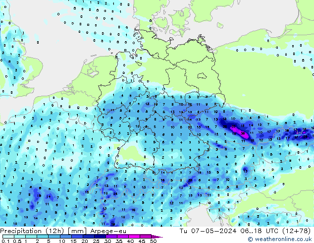 Yağış (12h) Arpege-eu Sa 07.05.2024 18 UTC