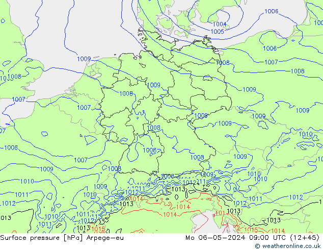Surface pressure Arpege-eu Mo 06.05.2024 09 UTC