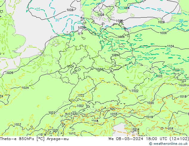 Theta-e 850hPa Arpege-eu mer 08.05.2024 18 UTC