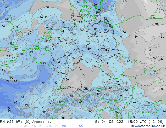 RH 925 hPa Arpege-eu 星期六 04.05.2024 18 UTC