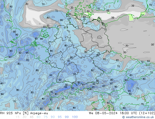 RH 925 hPa Arpege-eu We 08.05.2024 18 UTC