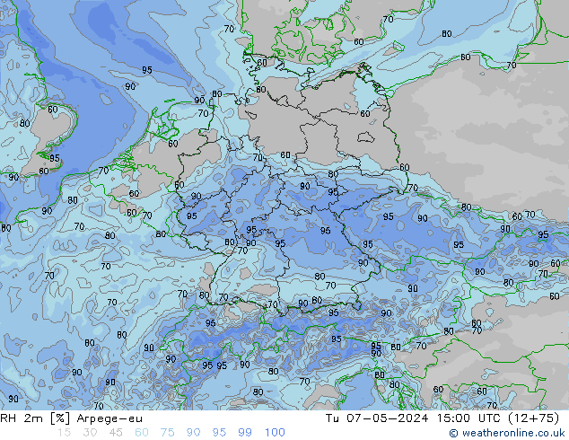 Humidité rel. 2m Arpege-eu mar 07.05.2024 15 UTC