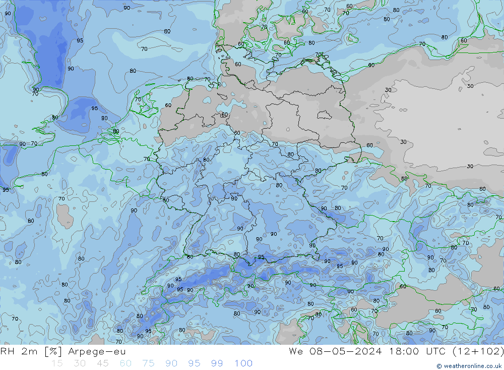 RH 2m Arpege-eu We 08.05.2024 18 UTC