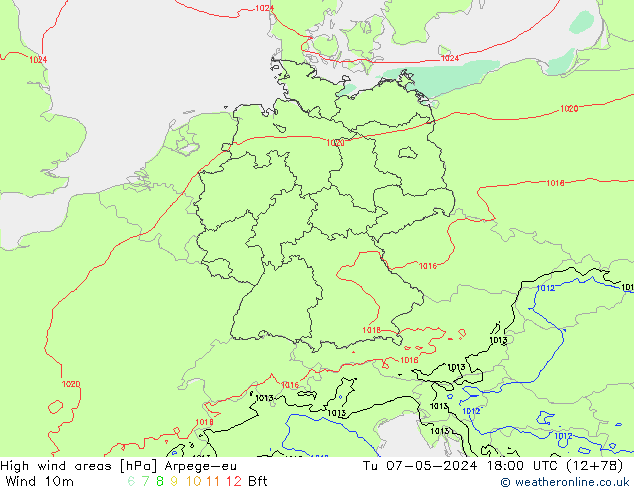 High wind areas Arpege-eu Tu 07.05.2024 18 UTC