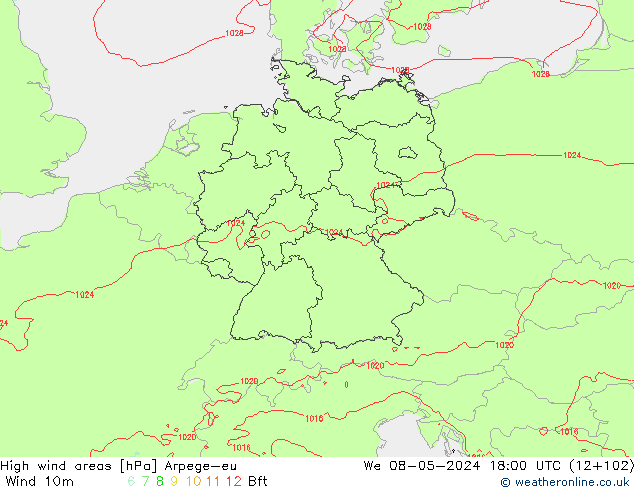 High wind areas Arpege-eu We 08.05.2024 18 UTC