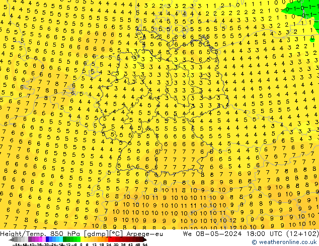 Hoogte/Temp. 850 hPa Arpege-eu wo 08.05.2024 18 UTC