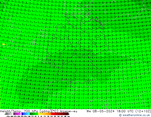 Hoogte/Temp. 700 hPa Arpege-eu wo 08.05.2024 18 UTC