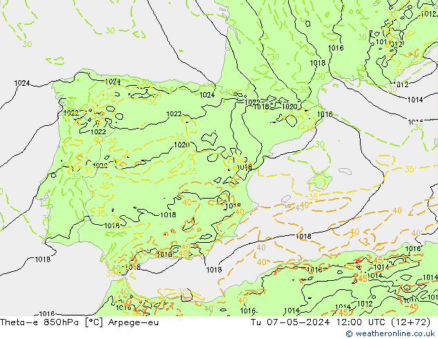 Theta-e 850hPa Arpege-eu Tu 07.05.2024 12 UTC
