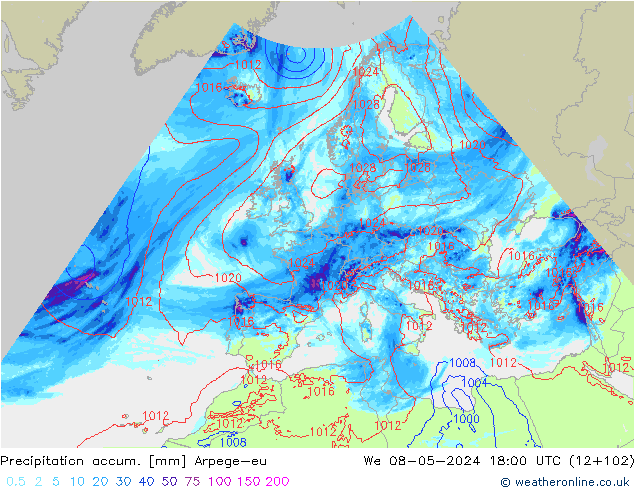 Precipitation accum. Arpege-eu We 08.05.2024 18 UTC