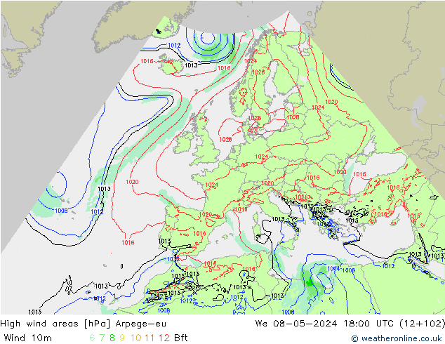 High wind areas Arpege-eu mer 08.05.2024 18 UTC