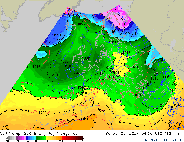 SLP/Temp. 850 hPa Arpege-eu dim 05.05.2024 06 UTC