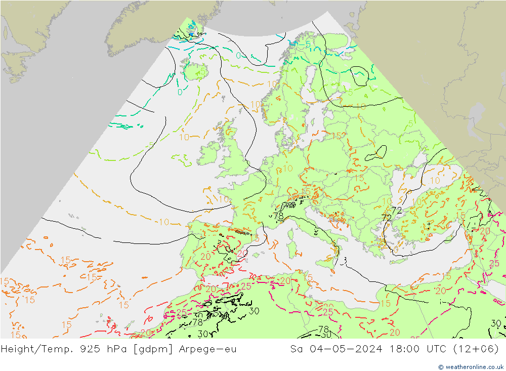 Height/Temp. 925 hPa Arpege-eu Sa 04.05.2024 18 UTC