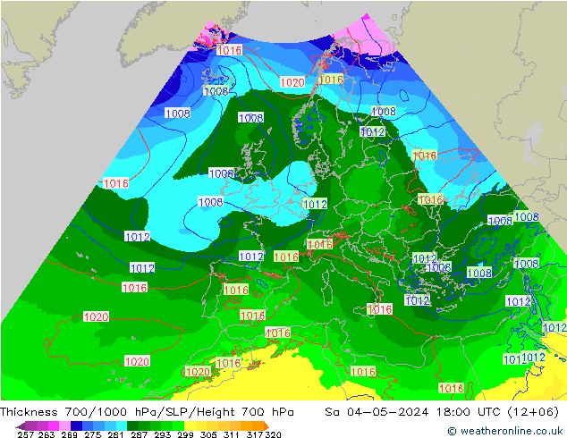 Thck 700-1000 гПа Arpege-eu сб 04.05.2024 18 UTC