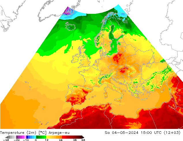 Temperaturkarte (2m) Arpege-eu Sa 04.05.2024 15 UTC