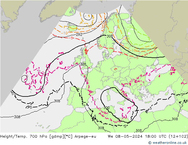 Height/Temp. 700 hPa Arpege-eu We 08.05.2024 18 UTC