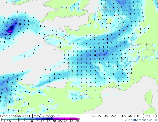 Precipitation (6h) Arpege-eu Su 05.05.2024 00 UTC