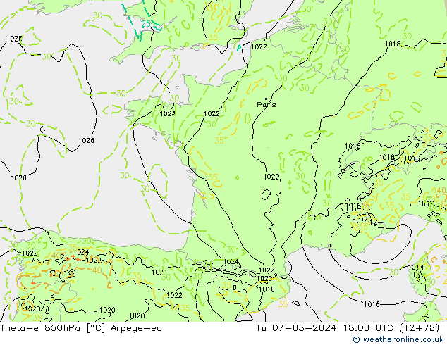 Theta-e 850hPa Arpege-eu Sa 07.05.2024 18 UTC