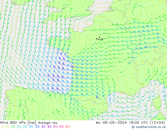 Wind 850 hPa Arpege-eu ma 06.05.2024 18 UTC
