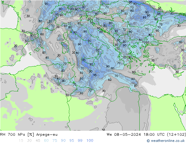 Humidité rel. 700 hPa Arpege-eu mer 08.05.2024 18 UTC