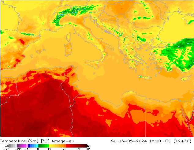 Sıcaklık Haritası (2m) Arpege-eu Paz 05.05.2024 18 UTC