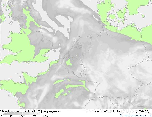 Cloud cover (middle) Arpege-eu Tu 07.05.2024 12 UTC