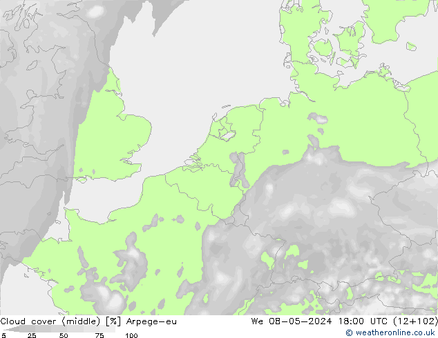 Cloud cover (middle) Arpege-eu We 08.05.2024 18 UTC