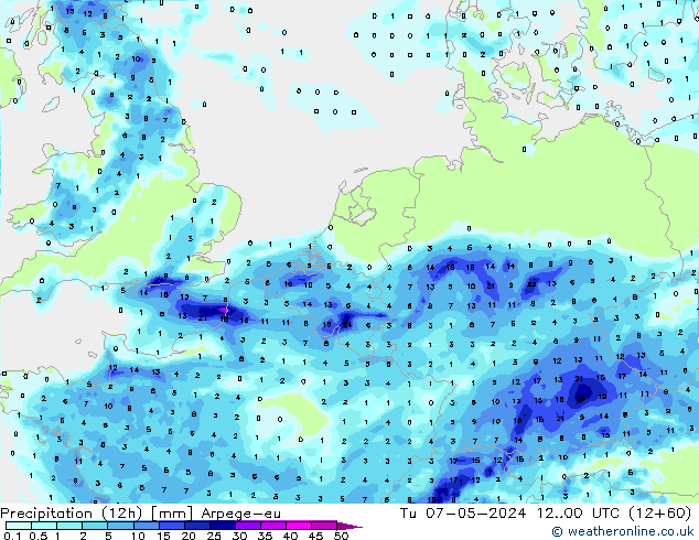 Precipitation (12h) Arpege-eu Tu 07.05.2024 00 UTC