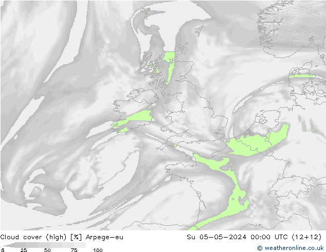 Cloud cover (high) Arpege-eu Su 05.05.2024 00 UTC