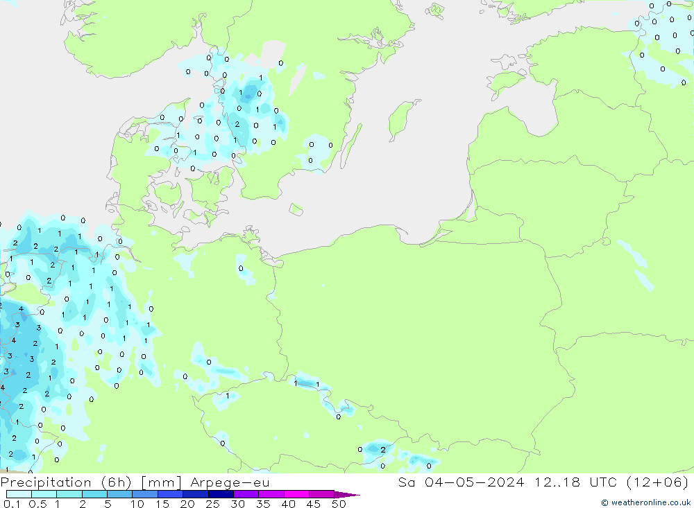 осадки (6h) Arpege-eu сб 04.05.2024 18 UTC