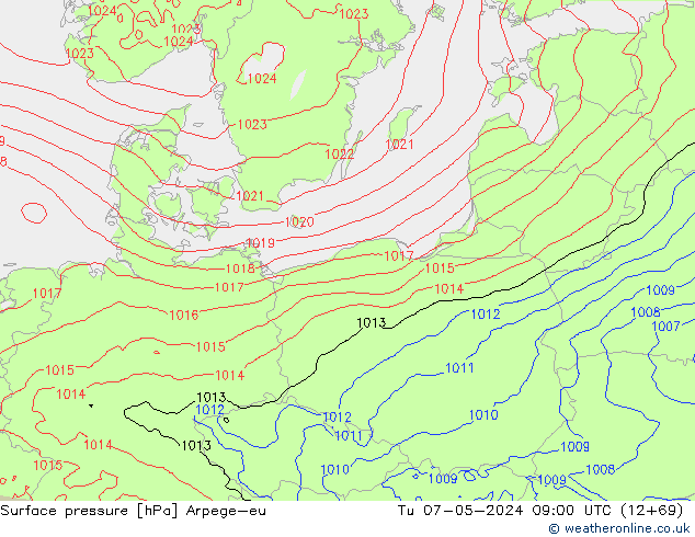 Surface pressure Arpege-eu Tu 07.05.2024 09 UTC