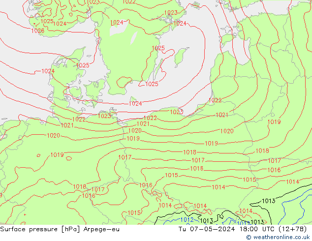 Surface pressure Arpege-eu Tu 07.05.2024 18 UTC