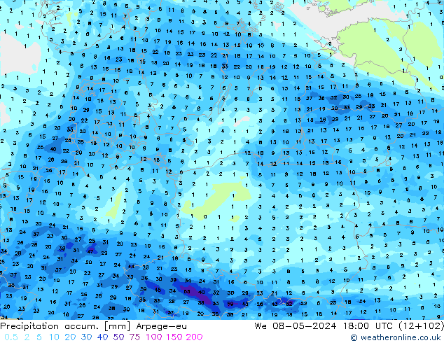 Totale neerslag Arpege-eu wo 08.05.2024 18 UTC