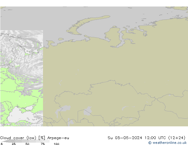 Cloud cover (low) Arpege-eu Su 05.05.2024 12 UTC