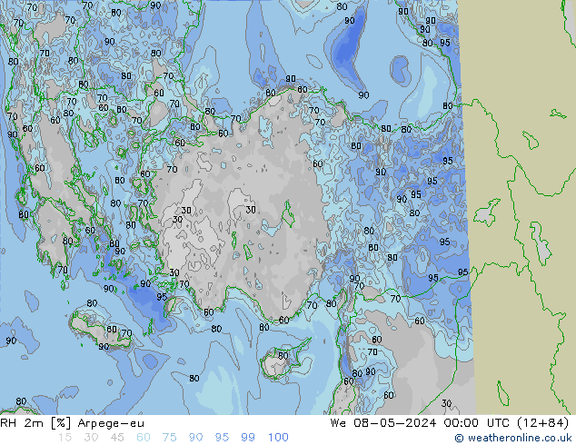 RH 2m Arpege-eu śro. 08.05.2024 00 UTC