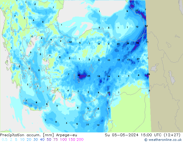 Totale neerslag Arpege-eu zo 05.05.2024 15 UTC
