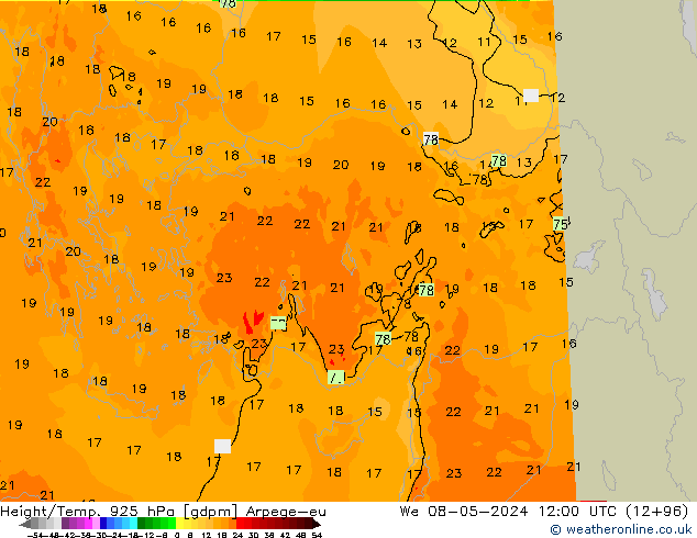 Hoogte/Temp. 925 hPa Arpege-eu wo 08.05.2024 12 UTC