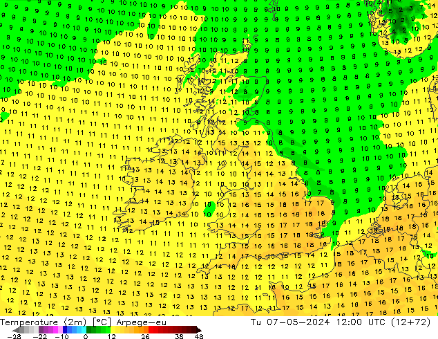 Temperature (2m) Arpege-eu Tu 07.05.2024 12 UTC