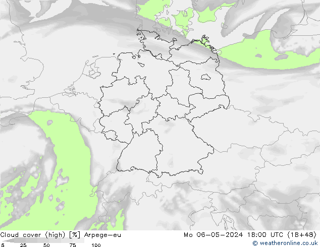 Cloud cover (high) Arpege-eu Mo 06.05.2024 18 UTC