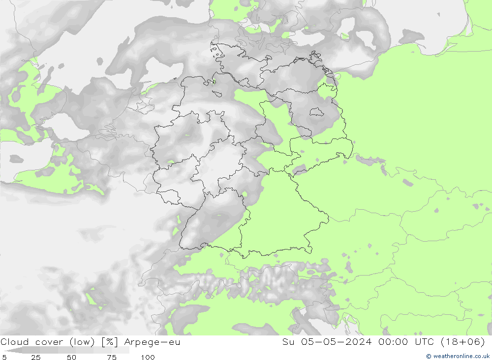 Cloud cover (low) Arpege-eu Su 05.05.2024 00 UTC