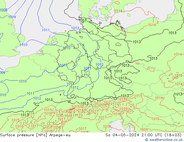 Presión superficial Arpege-eu sáb 04.05.2024 21 UTC