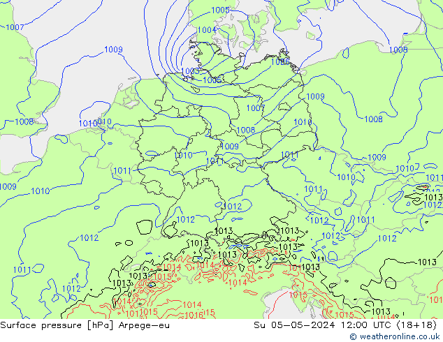 Pressione al suolo Arpege-eu dom 05.05.2024 12 UTC